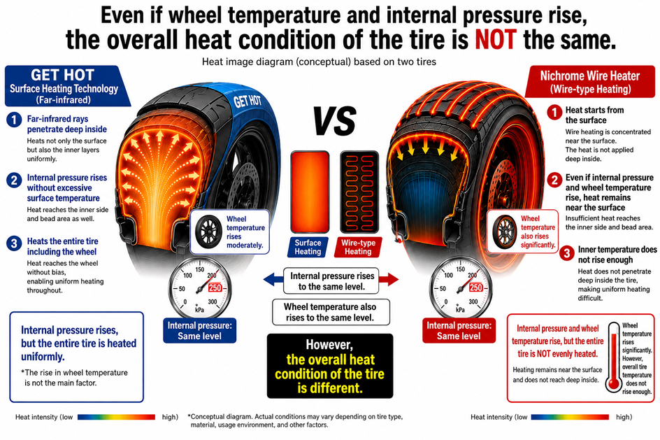 Comparison showing that equal tire pressure does not guarantee equal internal heat distribution